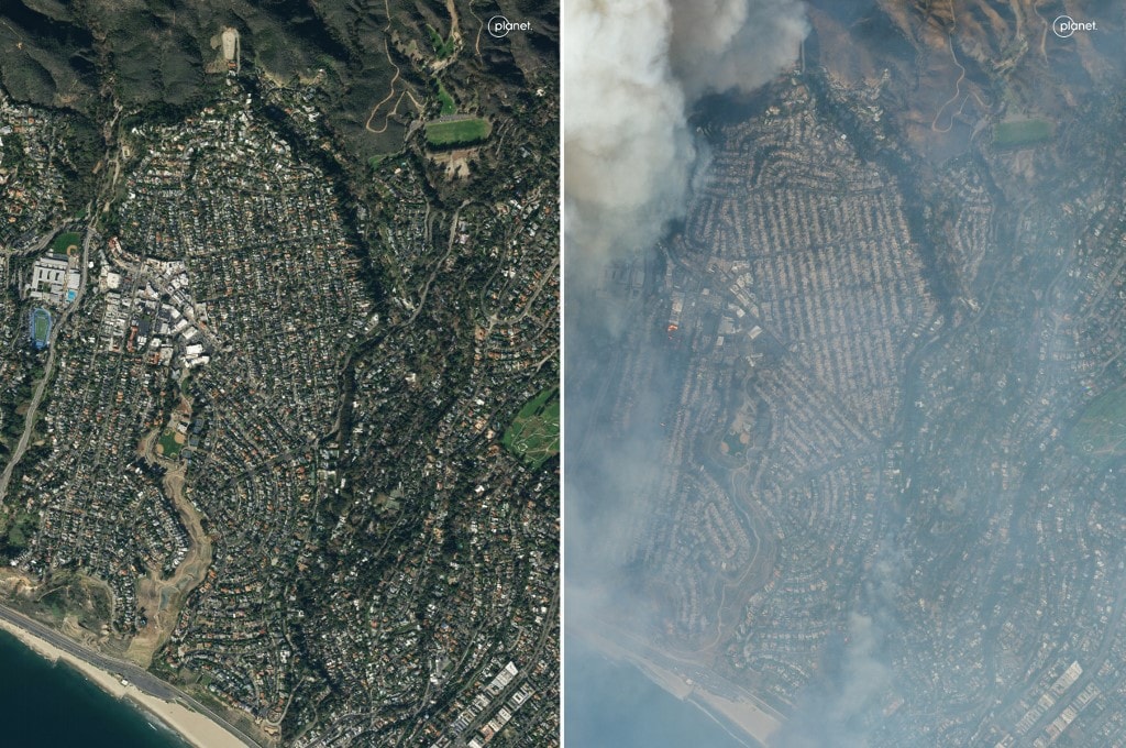 This combination shows an overview Pacific Palisades, a neighborhood of Los Angeles, California prior to the Palisades fire (L) on January 24, 2022 and during the fire on January 8, 2025. 