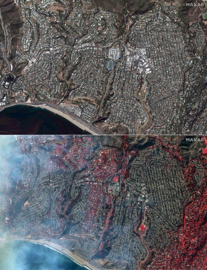 This combination of pictures created shows (above) homes in Pacific Palisades,on October 20, 2024, before the Palisades fire, (bottom) this satellite shortwave infrared (SWIR) shows homes in Pacific Palisades, a neighborhood of Los Angeles, California on January 9, 2025, after the Palisades fire.