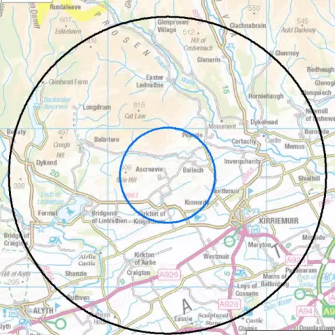 Scottish Government A map of Angus showing blue and black circles denoting the protection and surveillance zones for the bird flu outbreak.