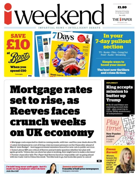 The headline in the i reads: Mortgage rates set to rise as Reeves faces crunch weeks on UK economy