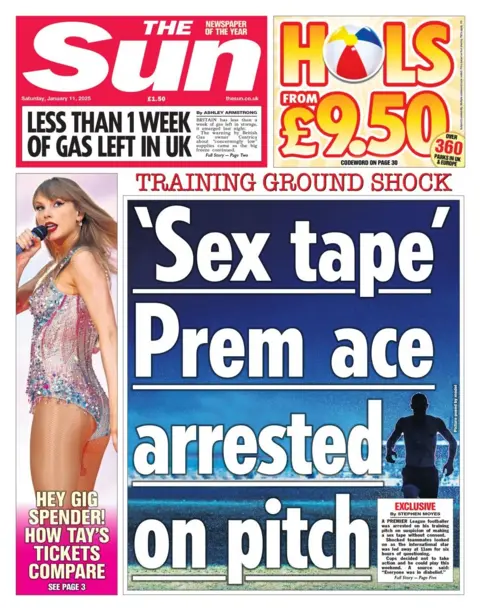 The headline in The Sun reads: Sex tape Prem ace arrested on pitch