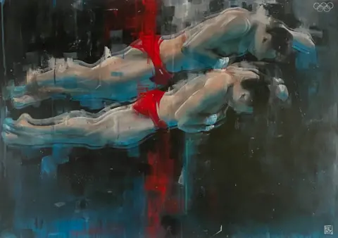 Makenzy Beard A painting of two divers wearing red trunks