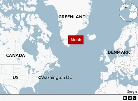 A BBC map showing Greenland, North America and Europe