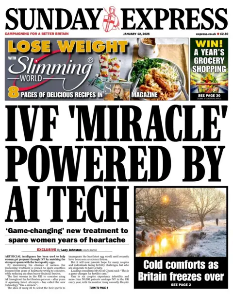 The headline in the Sunday Express reads: IVF 'miracle' powered by AI tech