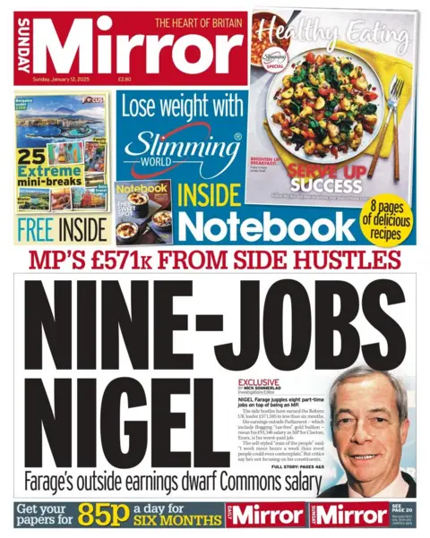 The headline in the Sunday Mirror reads: Nine-jobs Nigel