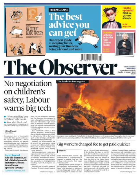 The headline in The Observer reads: No negotiation on children's safety, Labour warns big tech