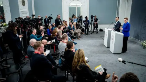 Getty Images Denmark's Prime Minister Mette Frederiksen and Chairman of Naalakkersuisut in Greenland Mute B Egede hold a press conference in Copenhagen