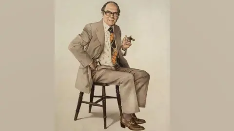 Hansons Auctioneers A 1978 portrait of Eric Morecambe by the artist Richard Stone. It is in sepia tones and shows the comedian sitting on a wooden chair wearing a beige suit over a white shirt with a small scattered motif and a kipper-style patterned tie. He has a cigar in his left hand and his right hand is on his hip and he is looking alert and is slightly smiling