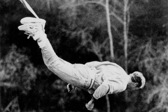 Taking the plunge: Gary Sweet bungy jumps in a scene from Police Rescue.