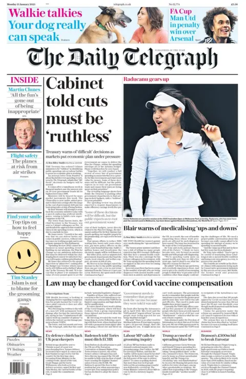 The headline in the Daily Telegraph reads: Cabinet told cuts must be 'ruthless'