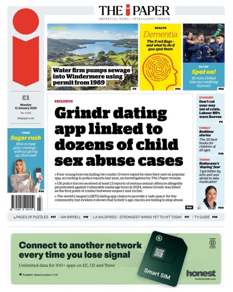 The headline in the i Paper reads: Grindr dating app linked to dozen of child sex abuse cases