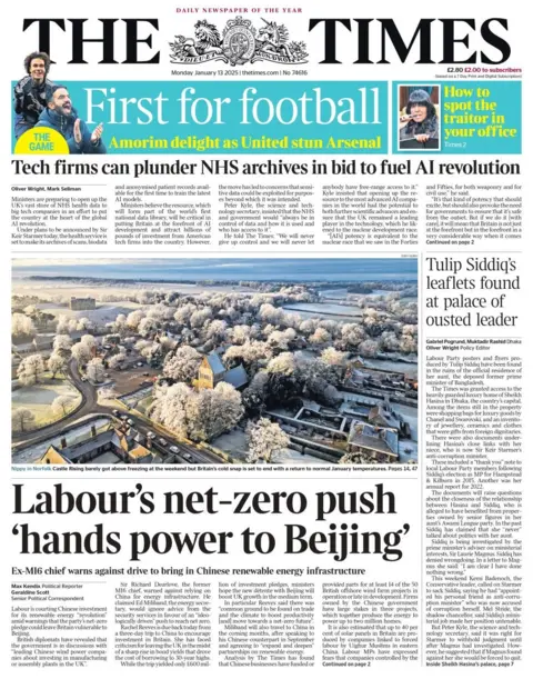 The headline in The Times reads: Labour's net-zero push 'hands power to Beijing'