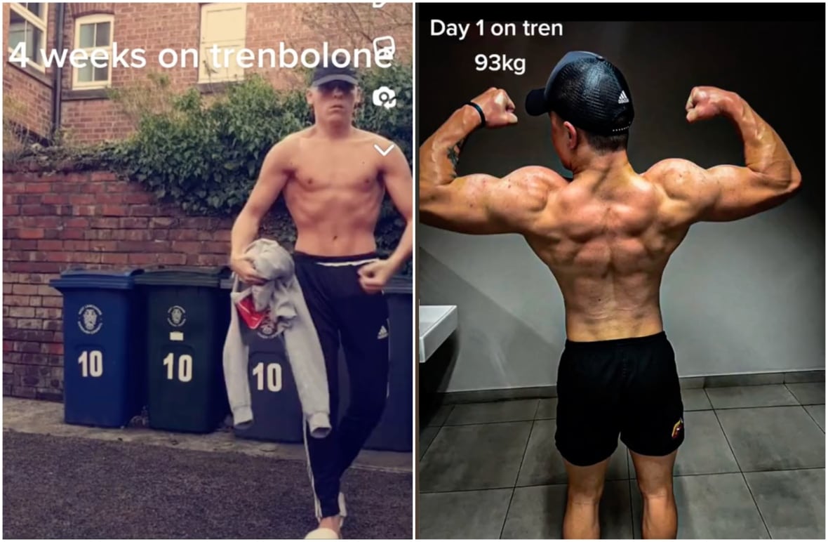 Stills from TikTok videos feature two shirtless young men posing to display their muscles. Captions on the photos say '4 weeks on trenbolone' and 'Day 1 on tren."