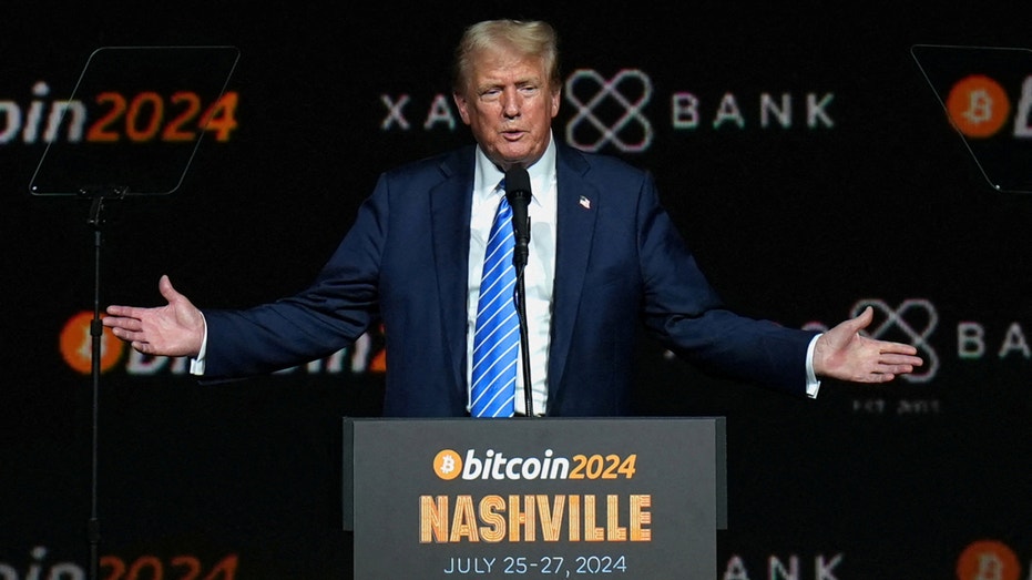 Republican presidential nominee and former President Donald Trump gestures at the Bitcoin 2024 event in Nashville, Tennessee, on July 27, 2024.