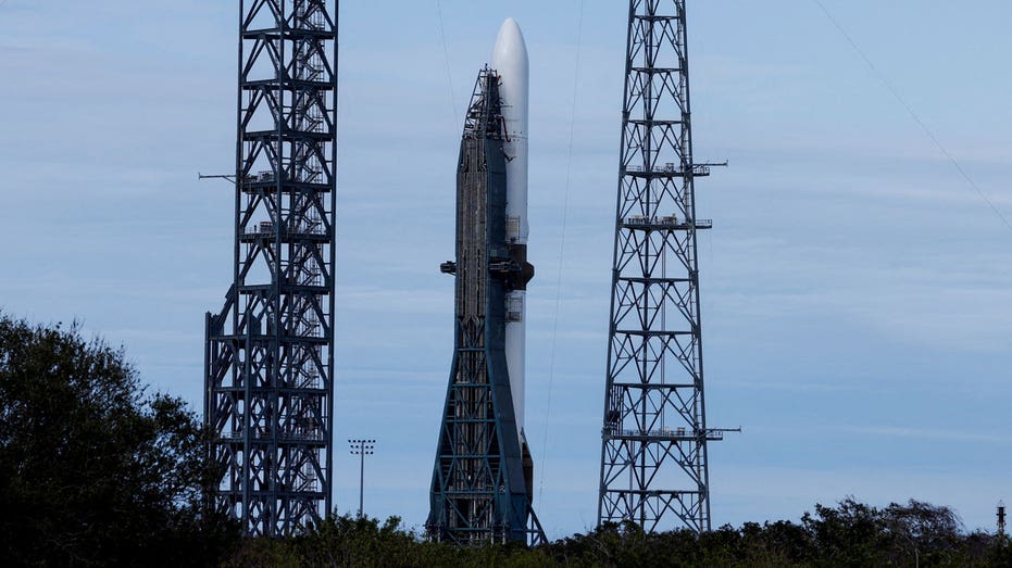 A Blue Origin New Glenn rocket stands ready for launch.