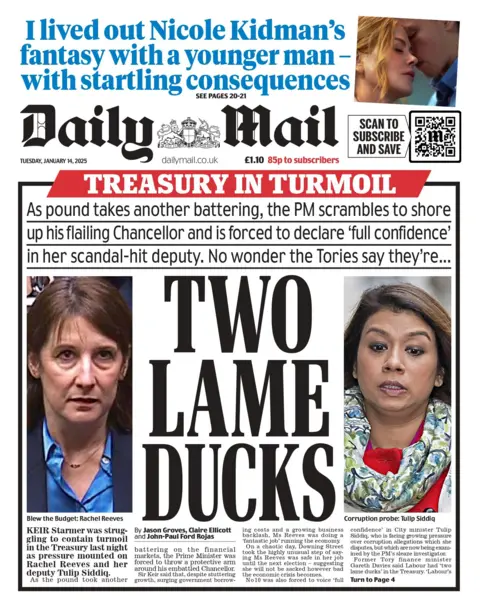 The headline on the front page of the Daily Mail reads: "Treasury in Turmoil: Two Lame Ducks".