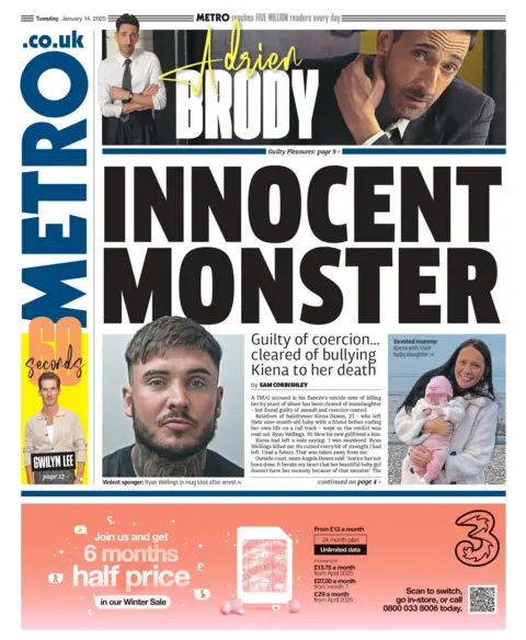 The headline on the front page of the Metro reads: "Innocent monster"