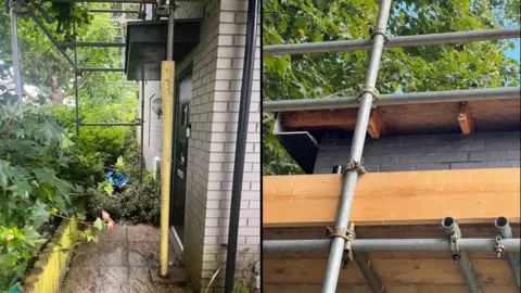 Two pictures of scaffolding on the roof and outside the front door of Georgina's home