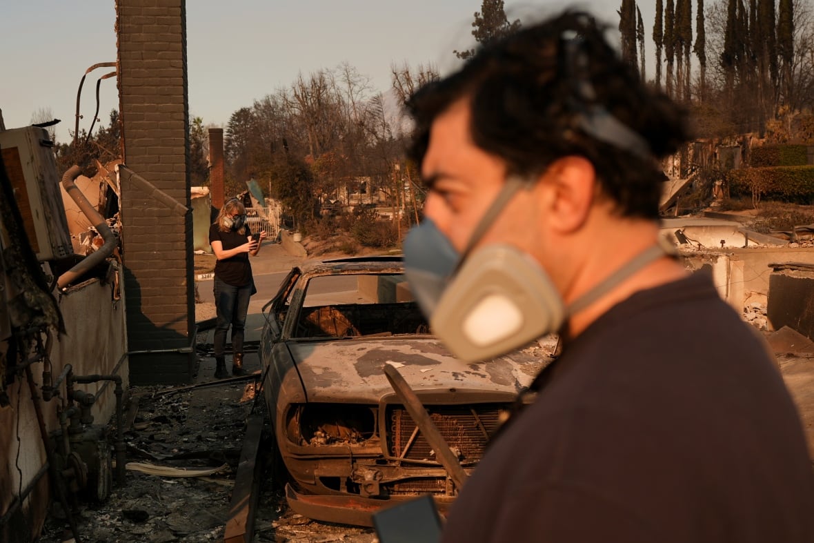 Homeowners Sohrab Nafici, right, and Christine Meinders return to their fire-ravaged neighbourhood in the aftermath of the Eaton Fire.