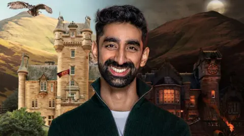 BBC/Studio Lambert A bearded, smiling man in a high-necked zip-up fleece is superimposed onto an image of a large Scottish castle in front of two mountains. One half of the image is swathed in daylight as a bird of prey swoops over the scene. The other half shows night-time, a full moon beginning to rise above the mountaintop as an eerie orange glow emanates from the windows of the building.