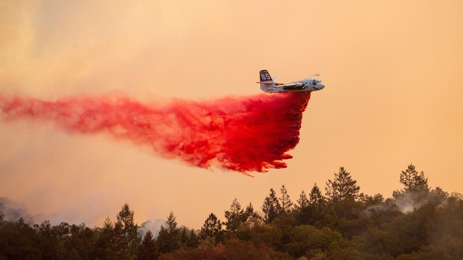 A CalFire airplane drops fire retardant over the Davis Winery during the Glass fire in Napa County's St. Helena, California on September 27, 2020. Napa County between Calistoga and St. Helena overnight on September 27, 2020 just as the Bay Area braces for extreme wildfire conditions. (Photo by JOSH EDELSON / AFP) (Photo by JOSH EDELSON/AFP via Getty Images)