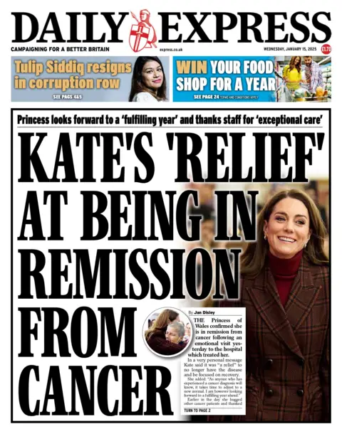 The headline on the front page of the Daily Express reads: "Kate's 'relief' at being in remission from cancer"