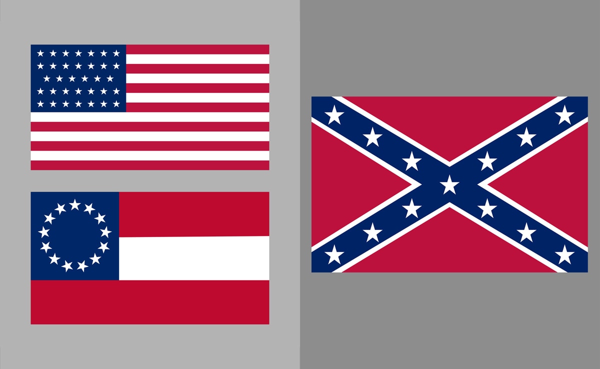 Flags of the USA (top-left) and CSA (bottom-left), and the Confederate Flag (right). (Photo Credit: iStock)