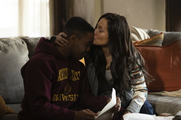 Jharrel Jerome as Anthony Robles and Jennifer Lopez as his mother in Unstoppable.