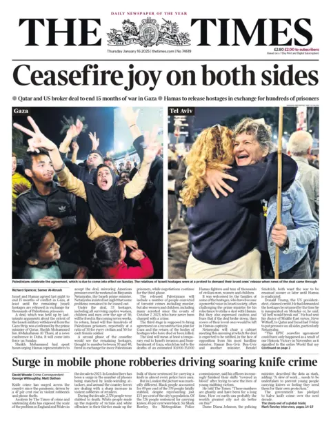 The headline on the front page of the Times reads: "Ceasefire joy on both sides"