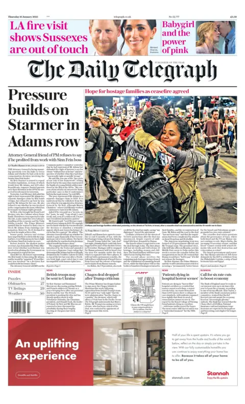 The headline on the front page of the Daily Telegraph reads: "Pressure builds on Starmer in Adams row"