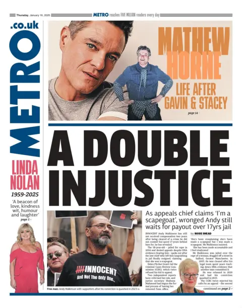 The headline on the front page of the Metro reads: "A double injustice"