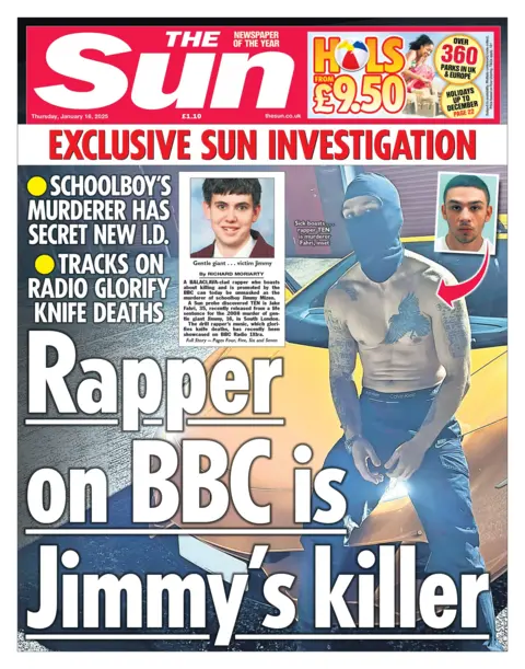 The headline on the front page of the Sun reads: "Rapper on BBC is Jimmy's killer"