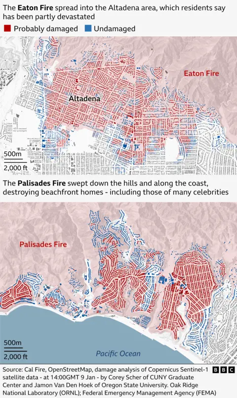 Maps show the spread of the Eaton and Palisades fires, and the hundreds of homes that are believed to have been damaged in each case