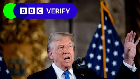 Getty Images Donald Trump speaking at a conference. He is wearing a suit and tie, with his left arm raised.  