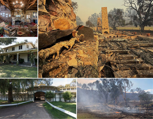 Top left: Living room inside Will Rogers’ ranch house. Top right: Living room after the fire. Left middle: Exterior of ranch home. Bottom row: Exterior of the stables before and after the fire.