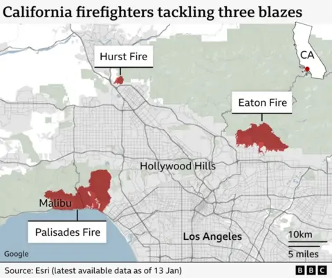 A map showing the Palisades, Eaton and Hurst fires 