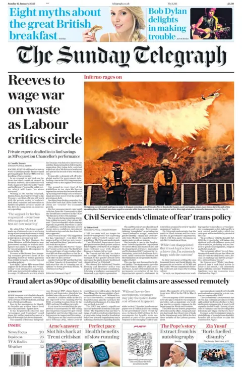 The headline in the Sunday Telegraph reads: Reeves to wage war on waste as Labour critics circle