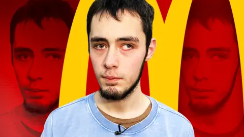 BBC A picture of former McDonald's worker Matt, against a backdrop of a McDonald's logo