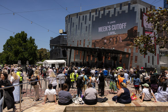 Robbie Williams fans gather at Federation Square for his free gig on Thursday.