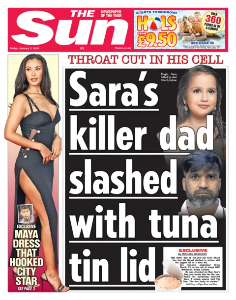 Sun front page for 3 January 2025 - headline reads "Sara's killer dad slashed with tuna tin lid"