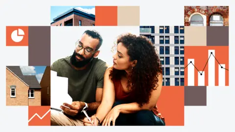 BBC Promotional image for the housing target tracker. There is a young couple in the middle looking at some paperwork. Around them are various images of details from buildings and stylised charts. The palette is predominantly orange.