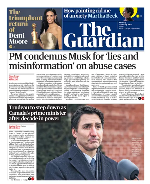 The headline in the Guardian reads: "PM condemns Musk for 'lies and misinformation' on abuse cases". 