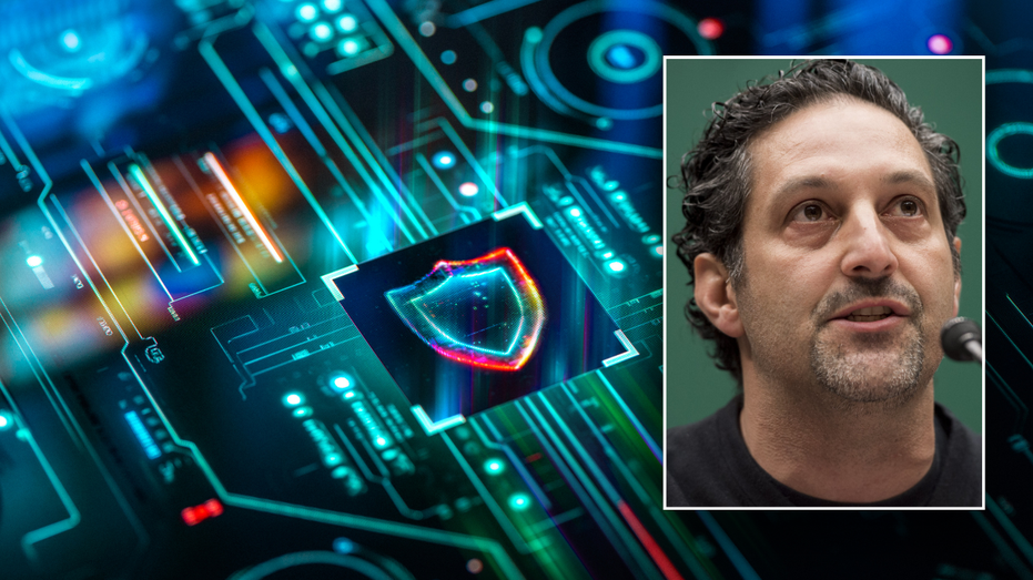 Split image of Amit Yoran, cyber background