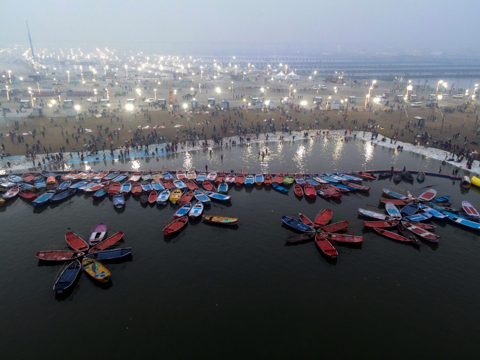 A drone shot of the Sangam area of the Maha Kumbh 2025