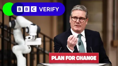 Getty Images Sir Keir Starmer speaking at the launch of the AI plan. He is wearing a dark suit with a tie and is speaking behind a lectern with Plan For change written on it. 