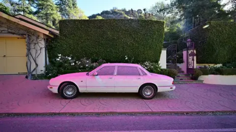 Getty Images A white car in Los Angeles County covered in pink powder. It is fire retardant - a mixture of chemicals used to suppress wildfire growth. 