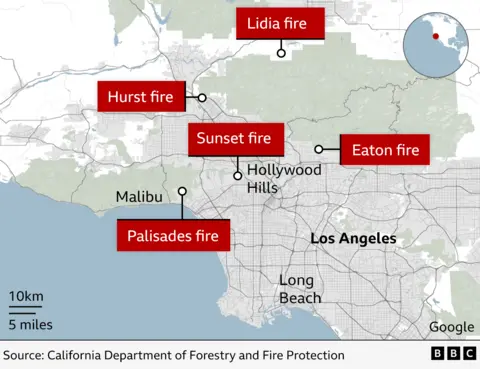 A BBC map plots the locations of five fires in Los Angeles - the Palisades, Eaton, Sunset, Hurst and Lidia fires. Prominent locations including the Hollywood Hill are marked nearby